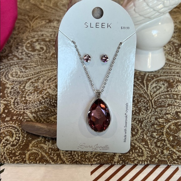 Laura Janelle Sleek Necklace & Earrings Set Made With Pink Swarovski Crystals - Picture 2 of 6